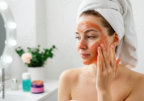 Young woman with towel on her head applying orange exfoliating mask on her face in modern bathroom photo