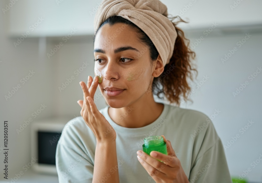 Happy young woman applying organic cosmetic green face cream or mask in bathroom Happy young woman applying organic cosmetic green face cream or mask in bathroom