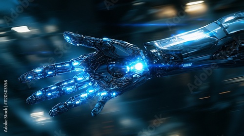 Futuristic robotic hand reaching out, glowing blue joints, blurred city background. photo