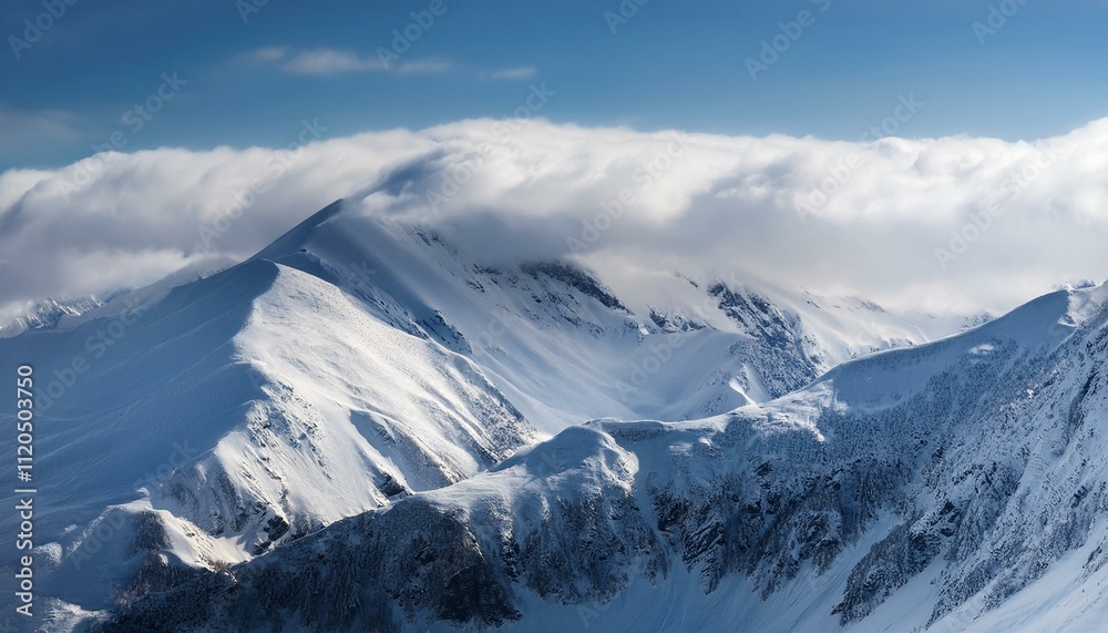 Fototapeta premium 산봉우리 위로 하얀 눈과 함께 흐릿하게 드리운 구름