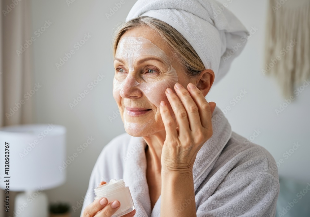 Smiling senior woman wearing bathrobe and towel applying anti-aging cream on face Smiling senior woman wearing bathrobe and towel applying anti-aging cream on face
