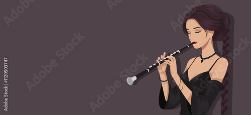 Woman in black dress with flute, long braid hairstyle, dark background, elegant and artistic concept. Vector illustration