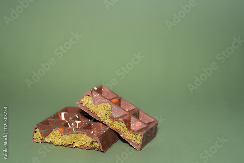 Trend Dubai chocolate bar with pistachio paste, tahini and kataifi dough on green background. Confectionery and sweets. photo