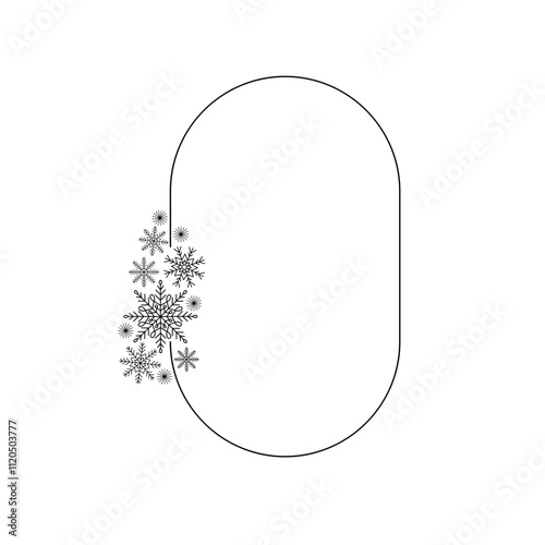 Snowflakes thin minimalist frame simple hand drawn vector outline illustration of seasonal doodle fancy Christmas decor elements, perfect for winter holiday decor, party stationery, poster, invitation