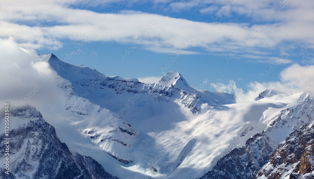 Obraz premium 산봉우리 위로 하얀 눈과 함께 흐릿하게 드리운 구름