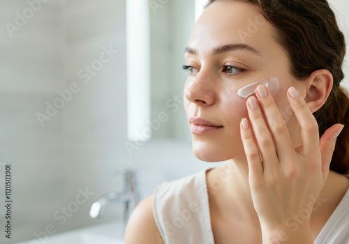 Woman gently applying face cream for healthy skincare routine in bright bathroom