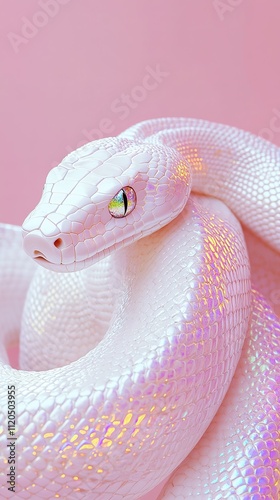 Closeup of a cute harmless pink holographic snake against bokeh and glitter background. Rainbow snake with scales surrounded by bubbles, soft focus, ethereal setting. Symbol of 2025