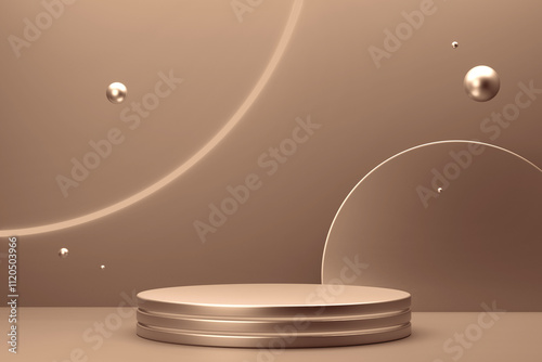 A simple and elegant scene featuring a podium with floating spheres in soothing neutral hues. The visual showcases a blend of balance and tranquility. Demonstrating color of 2025 year.