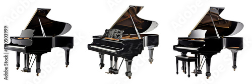 Set of black grand piano, isolated on transparent background