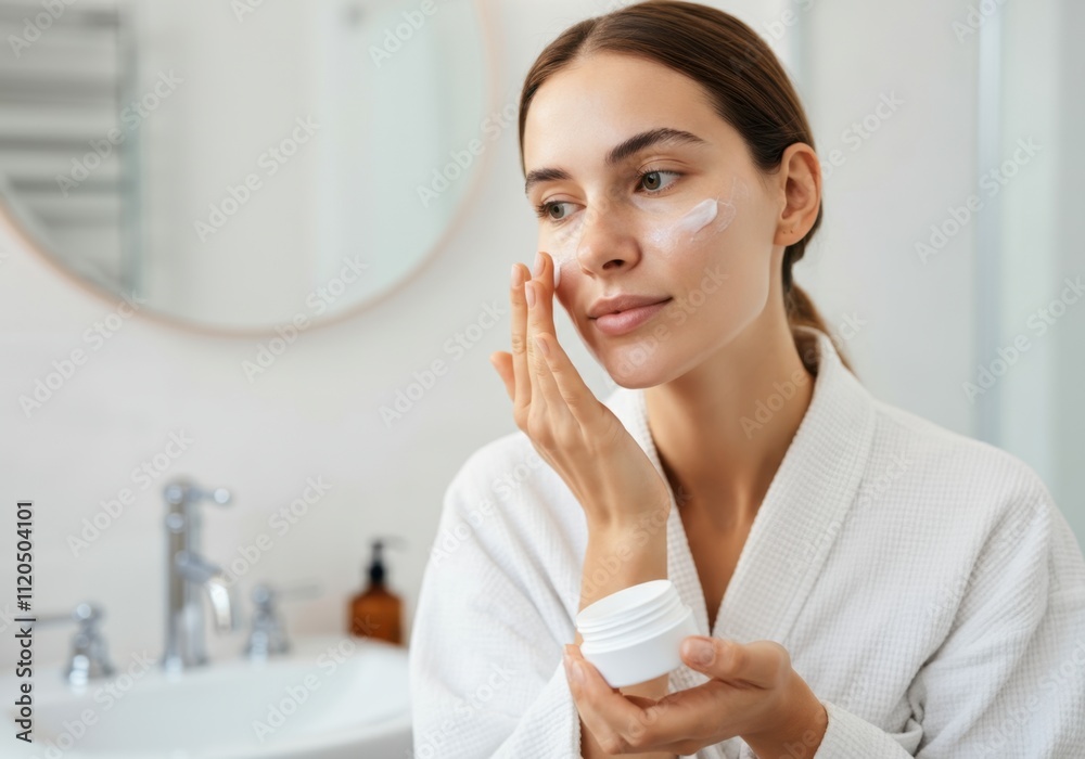 Young woman wearing bathrobe applying face cream in bathroom after shower, beauty treatment and skincare concept
