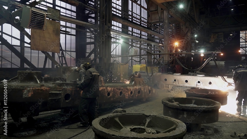 A detailed Industrial Workshop Scene showcasing numerous Workers and advanced Machinery in action. Stock Clip A detailed Industrial Workshop Scene showcasing numerous Workers and advanced Machinery in action. Stock Clip