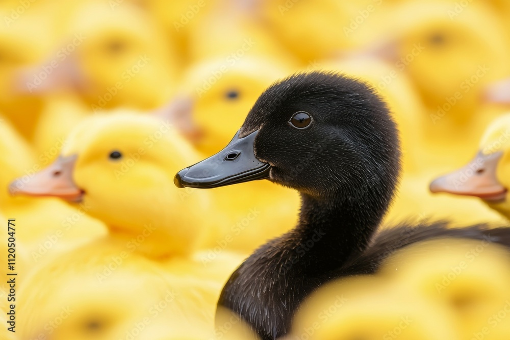 A black duck is in the middle of a group of yellow ducks. Unique or different concept A black duck is in the middle of a group of yellow ducks. Unique or different concept