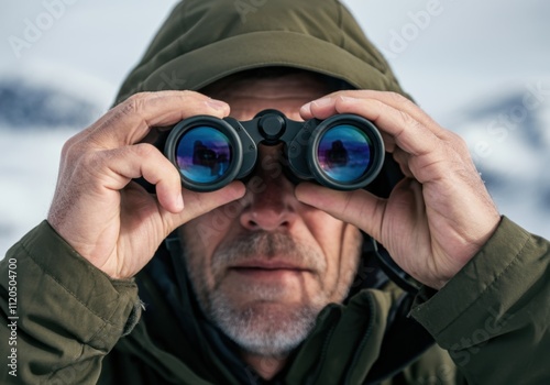 Hunter looking through binoculars in snowy mountains: observing wildlife in winter landscape photo