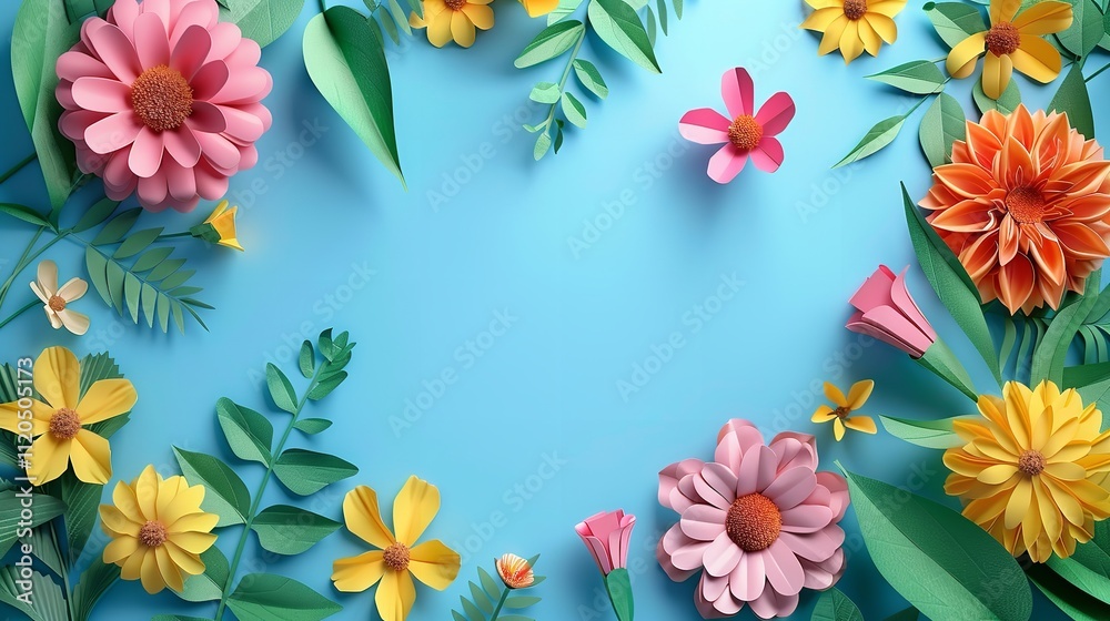 Handmade Paper Flowers on Light Blue Background with Copyspace Handmade Paper Flowers on Light Blue Background with Copyspace