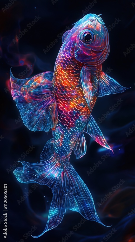 Neon Goldfish Swimming with Flowing Fins on Vibrant Black Background Neon Goldfish Swimming with Flowing Fins on Vibrant Black Background