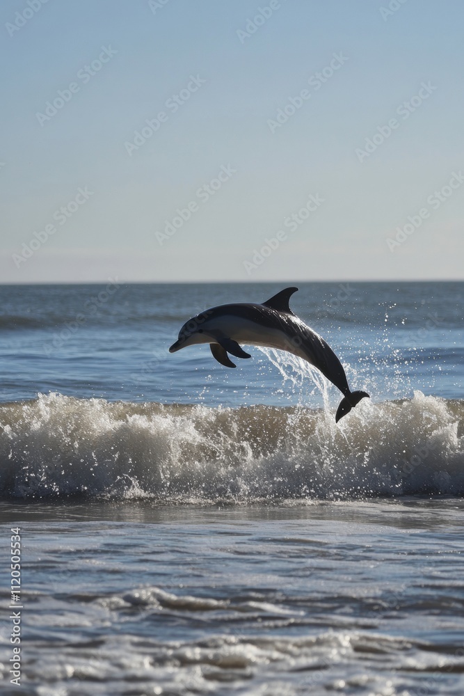 Obraz premium Dolphin Leaping Above Ocean Waves Under Clear Blue Sky