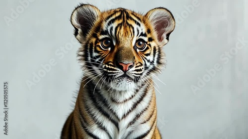 Majestic young tiger portrait showcasing striking features and expressive gaze in a neutral background