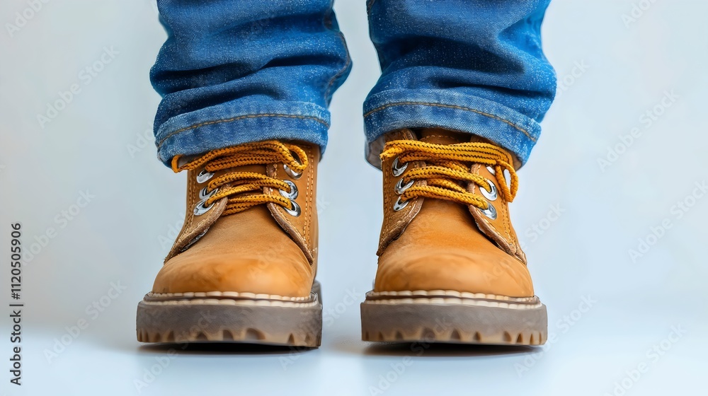 Closeup of a Boy's Leather Boots and Jeans, Centered on a Solid Background