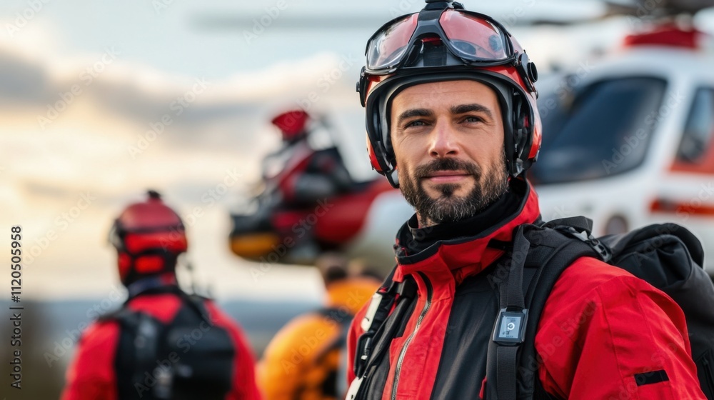 Fototapeta premium Rescue Team Member in Red Gear with Helicopter in Background, Captivating Moment of Preparedness and Teamwork in Emergency Services Operation