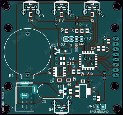 Vector printed circuit board of electronic 
device with components of radio elements, 
conductors and contact pads placed on pcb. Engineering technical educational drawing. Computer technic cad design
