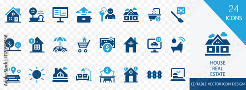 House or Real estate solid icon set. containing home, loan, smart home, renovation, land, moving, kitchen, bedroom and more vector design