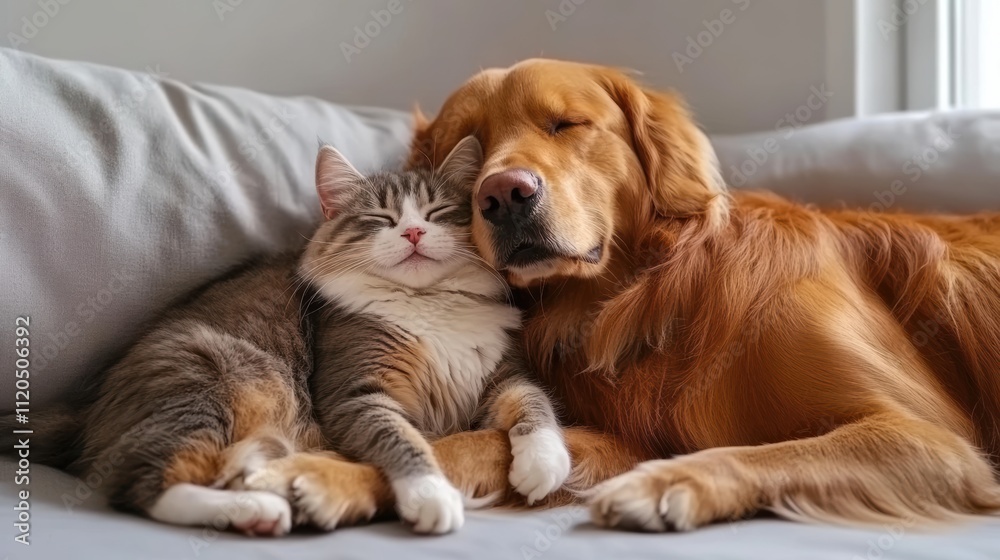 Golden retriever and tabby cat sleeping together on sofa Golden retriever and tabby cat sleeping together on sofa