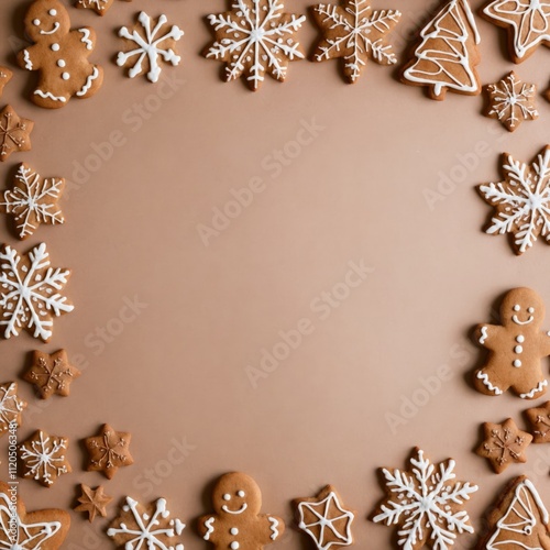 Christmas gingerbread cookies with frosting flat lay on mocha mousse background. Top view square frame with copy space in the center for holiday sale announcement for xmas or New Year celebration.