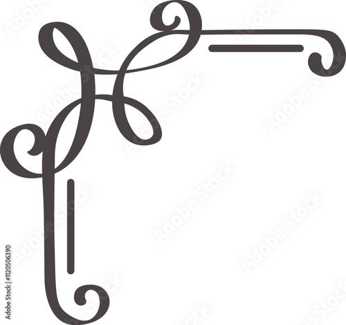 Hand drawn flourish forming an elegant corner accent, adding a touch of sophistication and vintage charm to invitations, stationery, or graphic designs