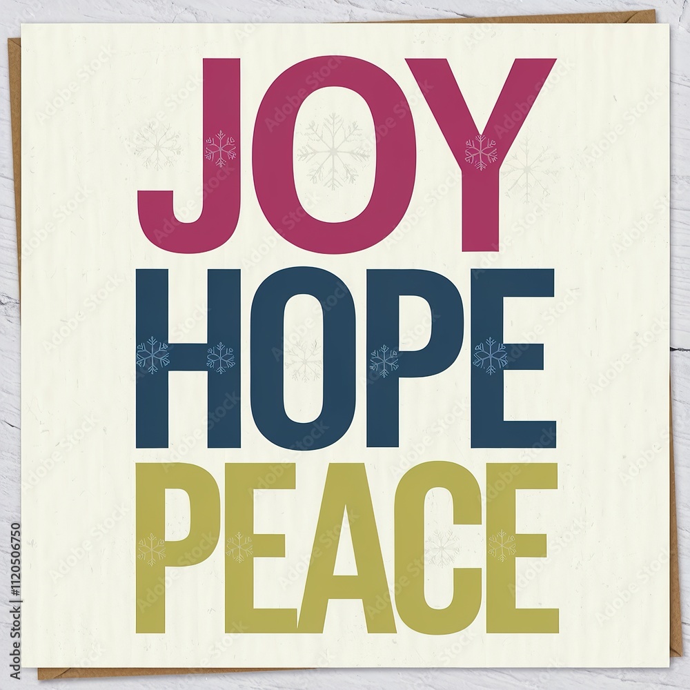 Fototapeta premium Holiday Inspirational Typographic Design featuring the words Joy, Hope, and Peace in bold, retro colors on a cream background, perfect for greeting cards and posters.