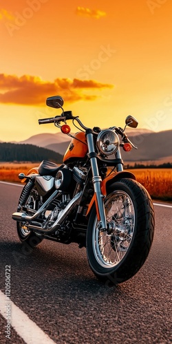 Vintage Orange Motorcycle Parked on Scenic Open Road at Sunset with Dramatic Sky