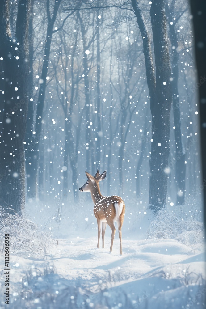 Silent Encounter in a Snowy Forest A Doe Pauses Amidst Glistening Snowflakes and Tall, Shadowy Trees Silent Encounter in a Snowy Forest A Doe Pauses Amidst Glistening Snowflakes and Tall, Shadowy Trees