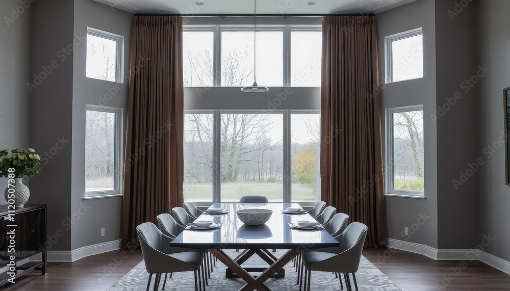 Fototapeta premium Bright dining area with minimalist decor, large windows, and neutral tones for a contemporary feel.
