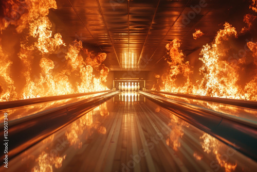 owling alley surrounded by powerful flashes of fire. The flames engulf both sides of the track, creating an impression of intensity and adrenaline.  photo