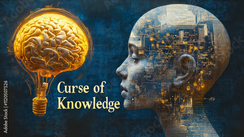 Curse of Knowledge, Digital Illustration of Human Head with Brain and Conceptual Elements Symbolizing Knowledge Complexity