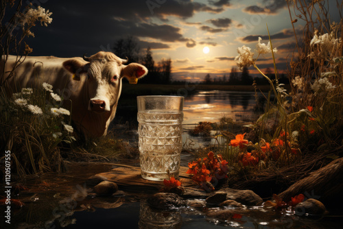 pastoral scene at sunset. In the foreground is a glass glass of water standing on a wooden board near the shore of a small pond.   photo