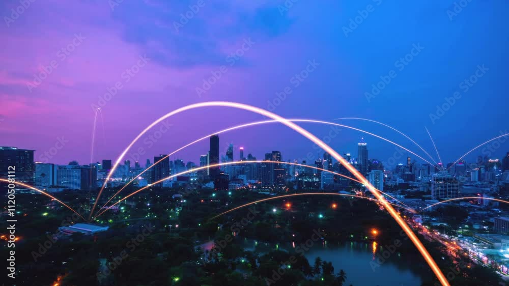 Smart digital city with connection network reciprocity over the cityscape . Concept of future smart wireless digital city and social media networking systems that connects people within the city .