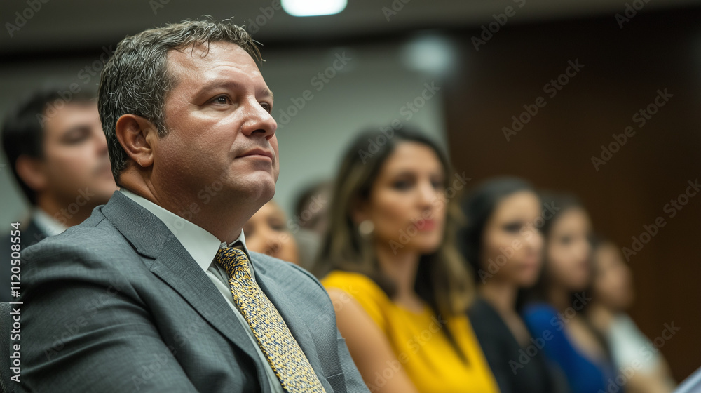 Brazilian businessman and politician with partners looking attentively at the session Brazilian businessman and politician with partners looking attentively at the session