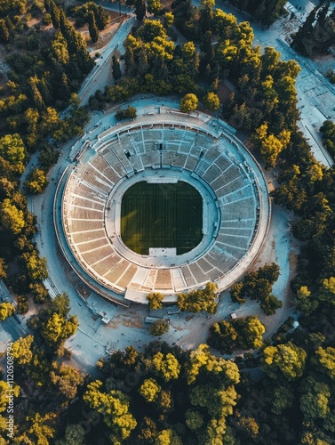 Aerial drone photo of iconic ancient Panathenaic stadium or Kalimarmaro birthplace of the original Olympic games, Athens historic centre, Attica, Greece photo