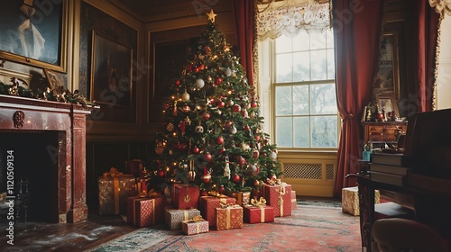 Richly decorated Christmas tree with many presents in an old-fashioned room.