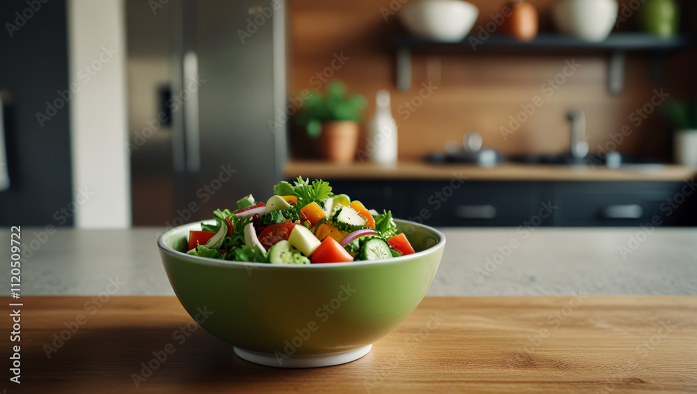 illustration of salad with vegetables on the kitchen table illustration of salad with vegetables on the kitchen table