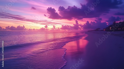 Fototapeta Naklejka Na Ścianę i Meble -  Dreamy Tropical Sunset Vibrant Pink and Purple Sky Over Tranquil Ocean and White Sand Beach