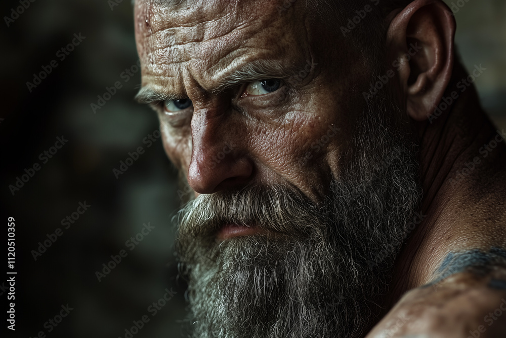 Close-Up of a Nordic Viking Warrior with Intense Gaze, Weathered Skin, and Gritty Beard, Embodying Strength, Resilience, and Historical Scandinavian Heritage in a Dramatic and Rugged Cinematic Style Close-Up of a Nordic Viking Warrior with Intense Gaze, Weathered Skin, and Gritty Beard, Embodying Strength, Resilience, and Historical Scandinavian Heritage in a Dramatic and Rugged Cinematic Style