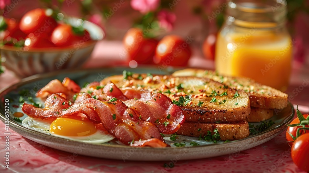 Delicious breakfast of fried egg, crispy bacon, and toasted bread with orange juice. Delicious breakfast of fried egg, crispy bacon, and toasted bread with orange juice.