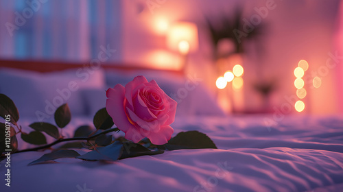 single pink rose lies on a white bed in a softly lit room photo