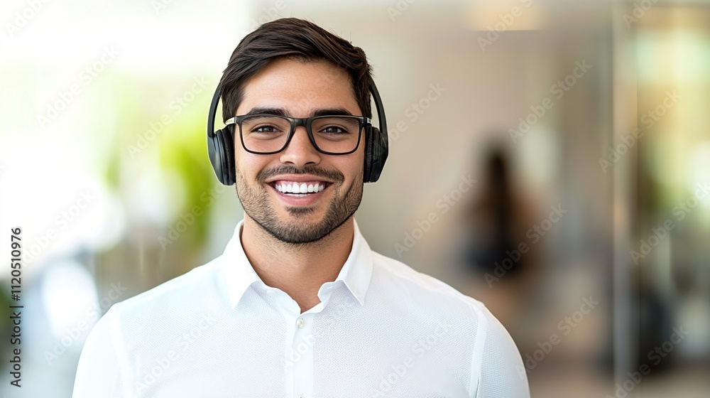 Smiling Support Agent in Headphones Offering Assistance, Tech support help desk issues troubleshooting concept. Smiling Support Agent in Headphones Offering Assistance, Tech support help desk issues troubleshooting concept.