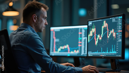 Trader Monitoring Stock Market Trends on Multiple Screens: A trader monitoring stock market trends on multiple screens, symbolizing real-time financial decision-making.