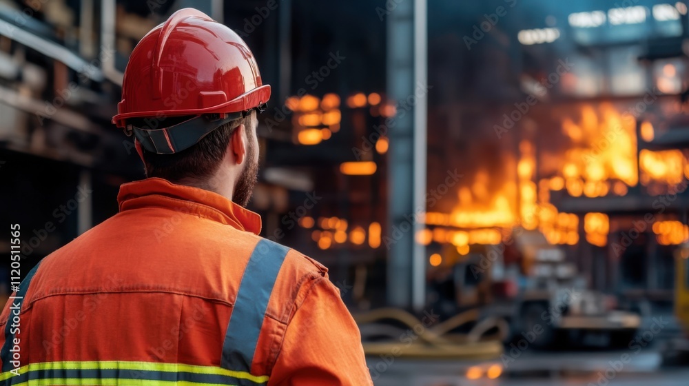 Firefighter Observing Blaze in Industrial Warehouse with Rescue Equipment and Emergency Response in Action Firefighter Observing Blaze in Industrial Warehouse with Rescue Equipment and Emergency Response in Action