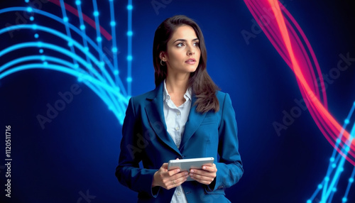 Woman in a blue suit holding a tablet, standing against a dark blue background with red and blue lines. The abstract design conveys a futuristic business and technology theme.