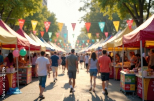 Vibrant public fair with colorful tents and festive atmosphere