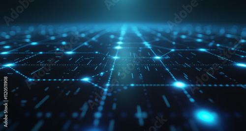 Dark blue background with grid lines and dots, representing artificial intelligence and digital connectivity.